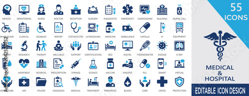 Medical and Hospital solid icon set with clinics, surgery, stethoscope, patient, pharmacy, ambulance, medical equipment, and healthcare symbols.