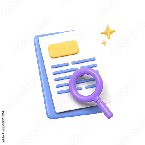 Minimalist 3D render illustration of a document with blue lines a yellow headline and a purple magnifying glass sparkling stars highlight for search.3d render