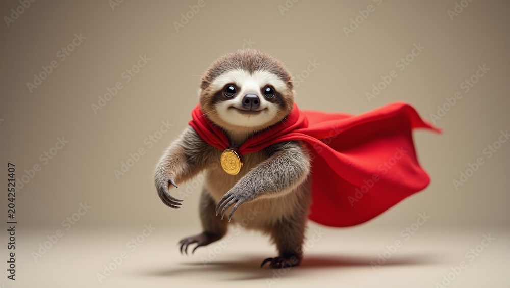 Fototapeta premium Cartoon sloth character wearing a red cape and gold medal, posing playfully against a neutral background, showcasing a whimsical and imaginative design