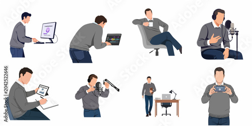 Professional male character set for podcasting, content creation, and entrepreneurship concept