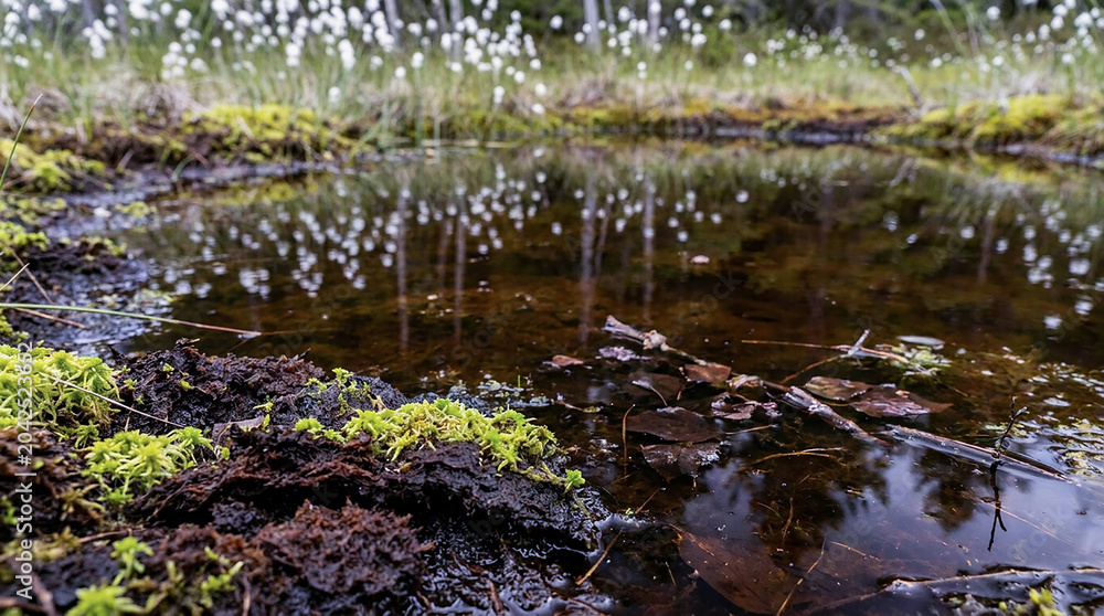 Fototapeta premium A serene and natural scene of a small pond with moss and leaves in a forest environment with white flowers
