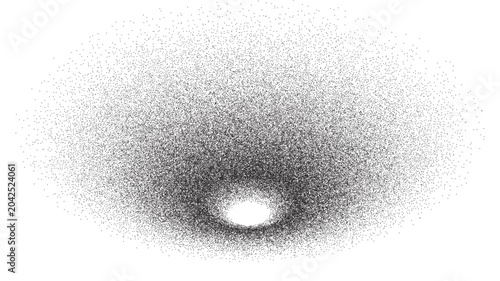 Stipple dot grain texture background. Noise particles pattern of black scattered dots with circular empty center isolated on light backdrop. Grainy abstract monochrome vector illustration.