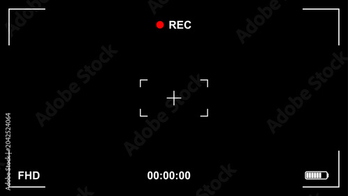 Professional camera viewfinder screen with focus frame overlay. Digital photography tool for capturing perfect shots with grid composition and recording display interface. Vector illustration.