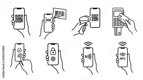Set of line icons showing hands holding smartphones for QR code scanning, payment, and NFC technology.