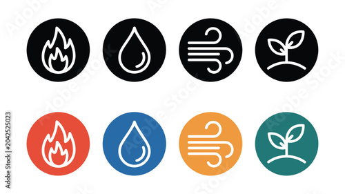 Tableau sur toile Elemental power icon set displaying fire, water, earth, and air symbols for nature energy, mythology, and mystical design themes