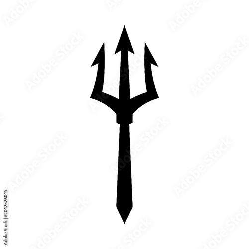 Black silhouette of a classic trident symbol isolated on white.