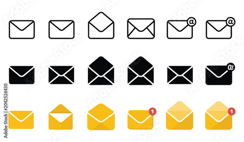 Message set graphic showcasing email envelopes in outline, filled, and colored styles for messaging, documents, and digital interface design.