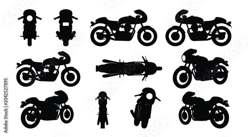 Schilderij op canvas Cafe Racer Modern Sport Motorcycle Silhouette Mixed Set Multiple Views Retro Str