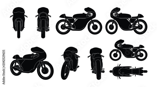 Bild auf Leinwand Cafe Racer Motorcycle Silhouette Small Set Clean Multiple Views Retro Sport Bike