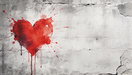Red watercolor heart paint splash on textured grey concrete wall background graffiti style