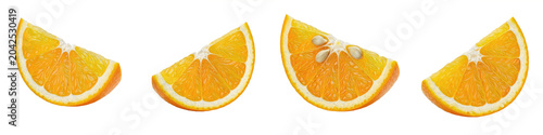 Bild auf Leinwand Set of four orange wedges isolated on white background, fresh citrus fruit slice