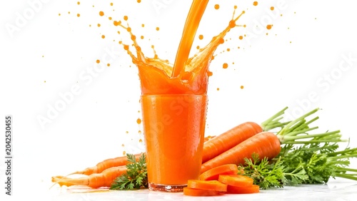 fresh carrot juice pouring into glass on white background