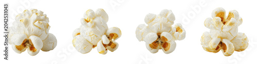 фотографія Set of four isolated popped popcorn pieces on white background, crispy salty sna