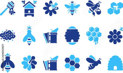 фотографія Beehive and bee icons set, honey production and beekeeping theme illustrated with symbols