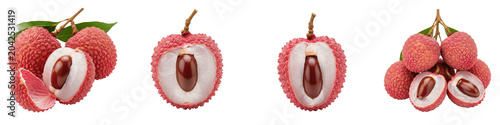 Fotografia Collection of fresh lychee fruits showing whole and halved pieces with seeds iso