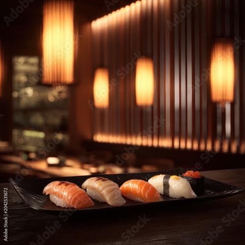 Elegant nigiri sushi platter in luxurious Japanese restaurant interior
