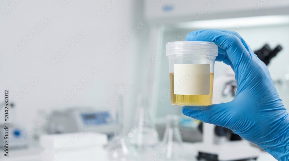 Fototapeta premium Gloved hand holding urine sample container in laboratory, urinalysis and kidney health screening concept with blurred medical equipment and copy space.