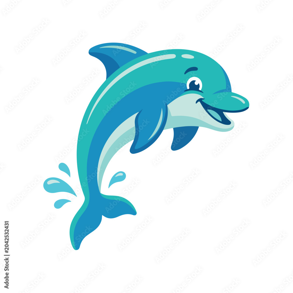 Fototapeta premium Happy cartoon dolphin leaping joyfully out of blue water with splashes, isolated on white background