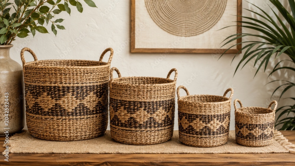 Fototapeta premium Woven storage baskets arranged on natural table surface