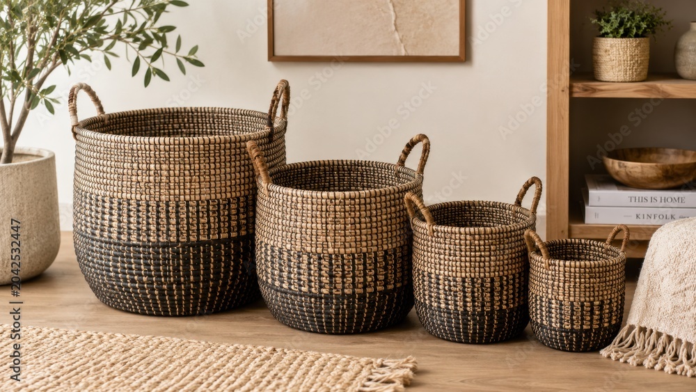 Fototapeta premium Striped woven baskets nested on living room floor