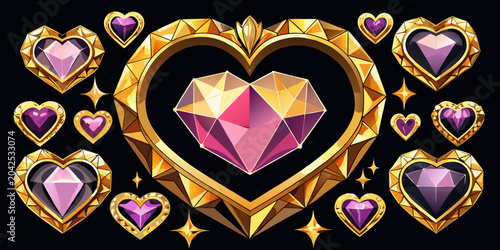 Heart shaped diamond gems in golden frames, vector