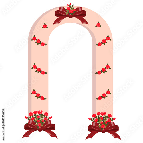 A wedding arch decorated with three red bows at the base and top, as well as three bright red roses. Vector illustration isolated on a white background.