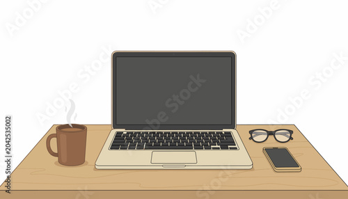 Fotografie Laptop computer on wooden desk with coffee cup and glasses, workspace background