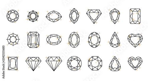 Obraz na płótnie Collection of Diamond Cuts and Shapes Icons, Gemstone Facets Line Art