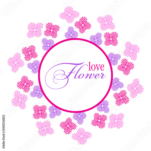 Pink and purple flowers are combined into circular frame. Vector flat design with copy space.
Romantic frame design for greeting cards and invitations for weddings, weddings, parties, and birthdays.