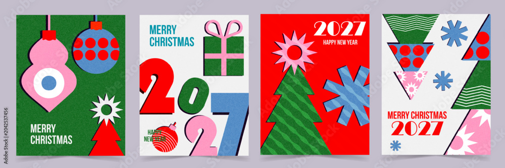 Fototapeta premium Set of modern retro geometric Christmas and New Year 2027 greeting card templates with festive ornaments, Christmas tree, gift box and decorative holiday elements in modern minimalist style