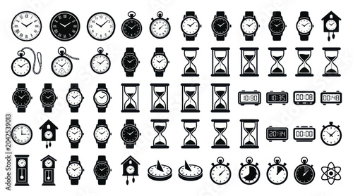 Quadro su tela Collection of Timekeeping Devices: Clocks, Watches, Hourglasses, Stopwatches