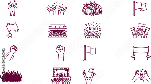Cuadro en lienzo Crowd icons set showing cheering people celebrating fans raising hands with flags and banners for concerts sports events and public gatherings themes