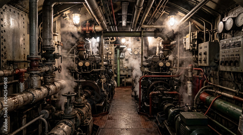 Dimly lit interior of an industrial submarine engine room with steel pipes and escaping steam