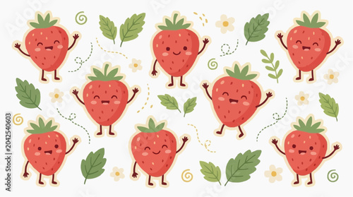A collection of happy cartoon strawberries with faces and arms, surrounded by leaves and flowers, for the concept of joyful fruit.