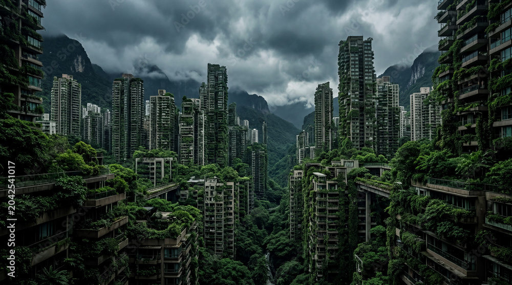 Obraz premium Moody overcast sky over dense vertical forest city with deep rich green natural color tones