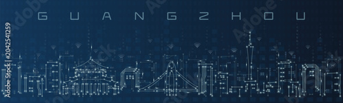 Guangzhou Smart City Skyline Vector in Circuit Board Style Futuristic Technology Background