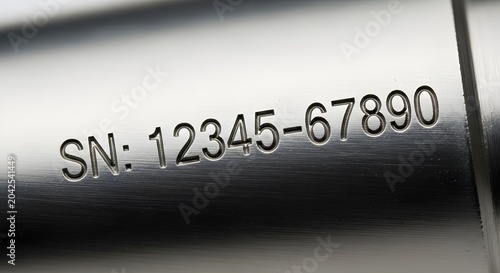 Close-up of a serial number engraved on a metallic surface, highlighting identification and manufacturing details.