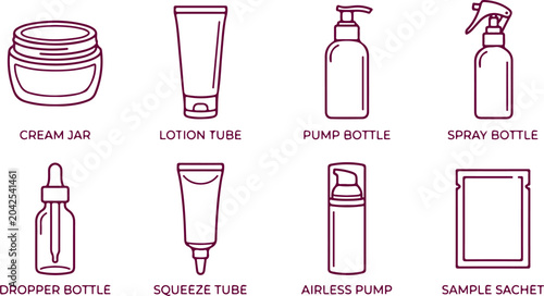 Quadro su tela Set of cosmetic container line art icons including jar tube pump bottle spray bottle dropper airless pump