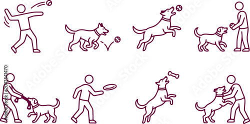 Tableau sur toile People and dog playing line art illustrations showing throwing ball frisbee fetching tug of war