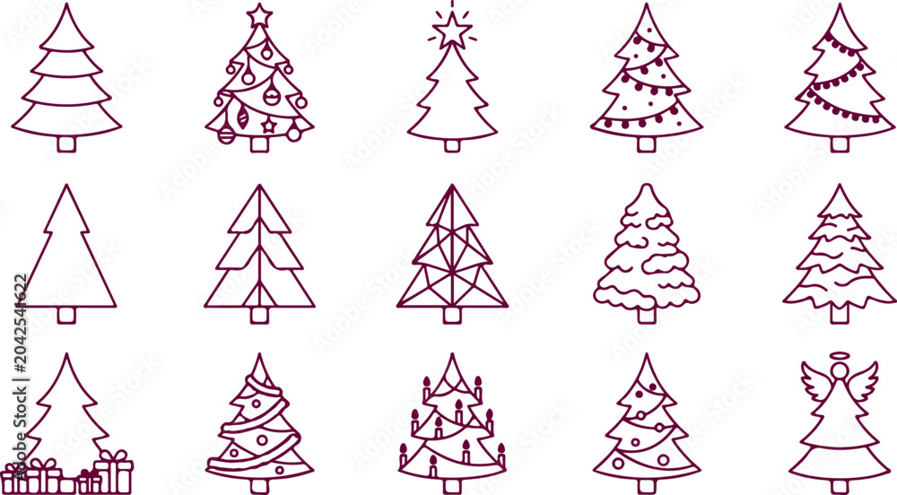 Obraz premium Assortment of Christmas trees in various styles, decorated and plain, with gifts and angel topper for holiday designs.