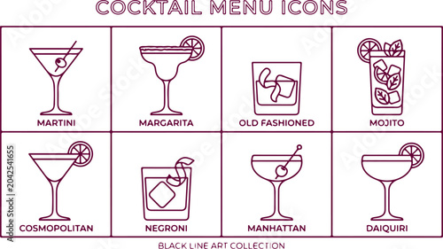Photography Cocktail menu icons set martini margarita old fashioned mojito cosmopolitan negroni manhattan daiquiri line art style isolated on transparent background vector