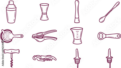 Foto Essential bar tools for cocktail making including shaker jigger strainer muddler bar spoon opener corkscrew and pourers