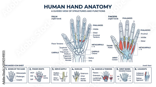 Cuadro en lienzo Human Hand Anatomy Diagram: Bones, Muscles, Tendons, Ligaments, and Joints