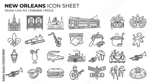 Photos New Orleans Icon Sheet: Vector Line Art of NOLA Symbols and Landmarks