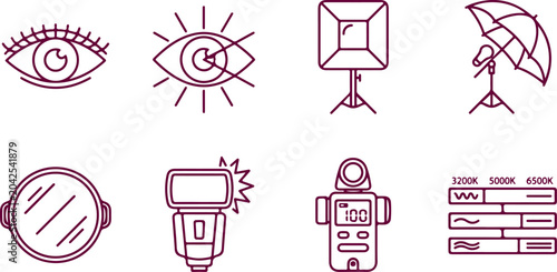 Quadro su tela Set of line art illustrations for photography and lighting equipment for professional studio shoots and creative projects with light sources