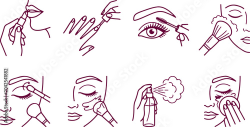 Collection of line art illustrations for beauty and makeup application for creating perfect look with cosmetic tools and products for female face.