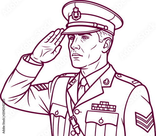 Foto Portrait of a serious military officer in uniform saluting, detailed outline drawing in dark magenta on transparent background