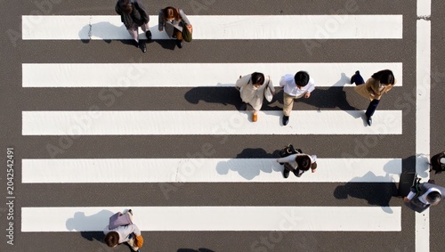Obraz na plátně Aerial top-down shot of several pedestrians walking across pristine white zebra crossing stripes on dark asphalt, casting long diagonal shadows on a clear sunny day in an urban setting
