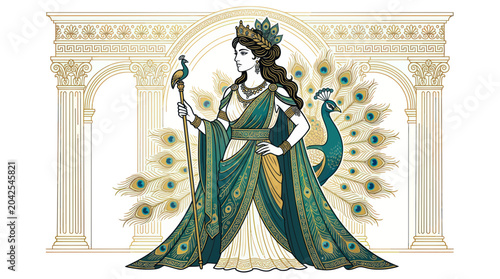 Bild auf Leinwand Mythological Goddess Juno with Peacock and Crown, Ancient Greek Style