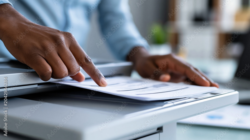 Fototapeta premium Close-up of unrecognizable hands feeding paper into a professional document scanner in an office, paperless office transition concept, document digitization photography, records